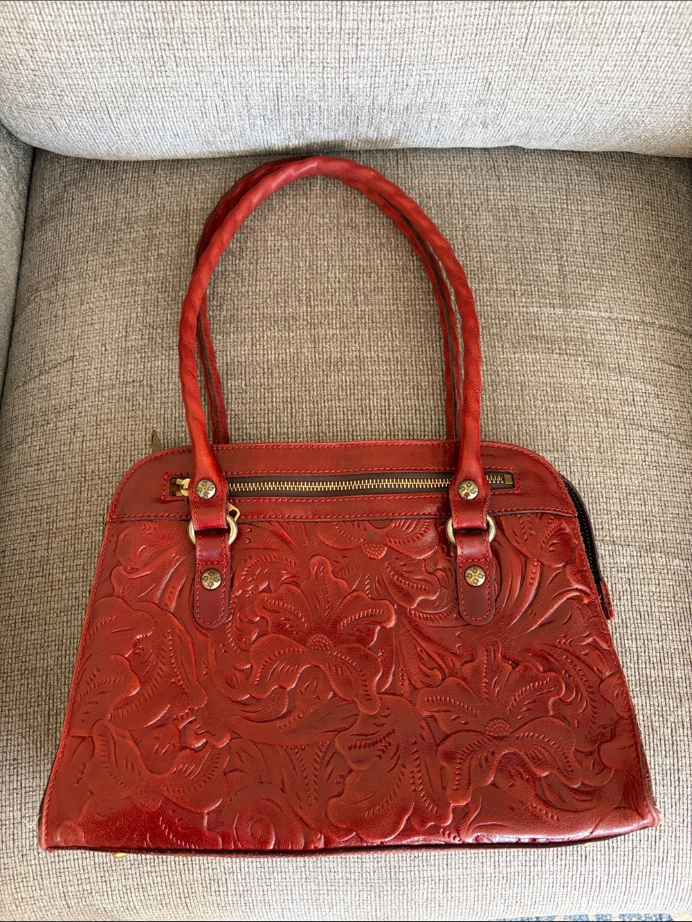 Patricia Nash burgundy tooled leather satchel bag